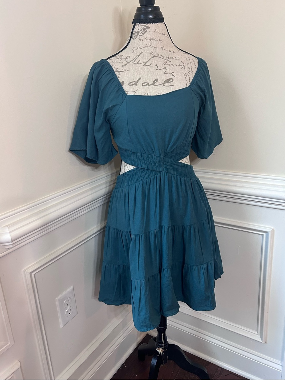 ‘Shy Velvet’ Teal Square-Neck‎ Tiered Mini Dress with Cutout Waist
